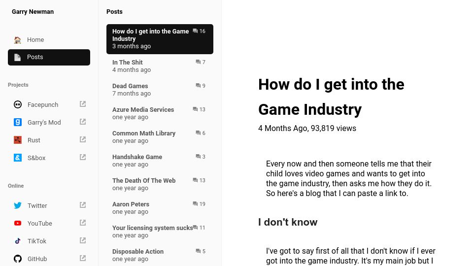 Screenshot of garry.net: How do I get into the game industry