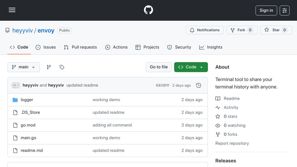 Screenshot of github.com: Show HN: Envoy – Command Logger