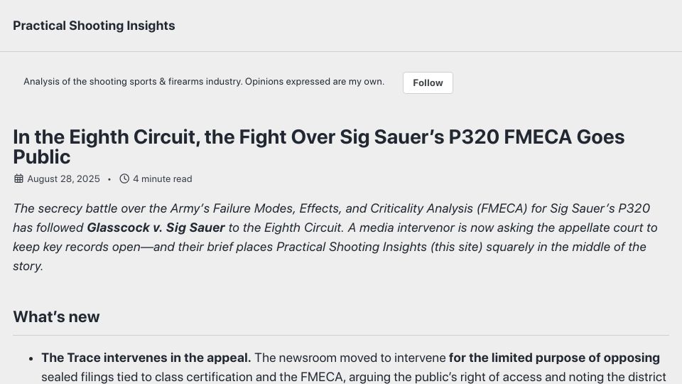Screenshot of practicalshootinginsights.com: Sig Sauer citing national security to keep documents from public
