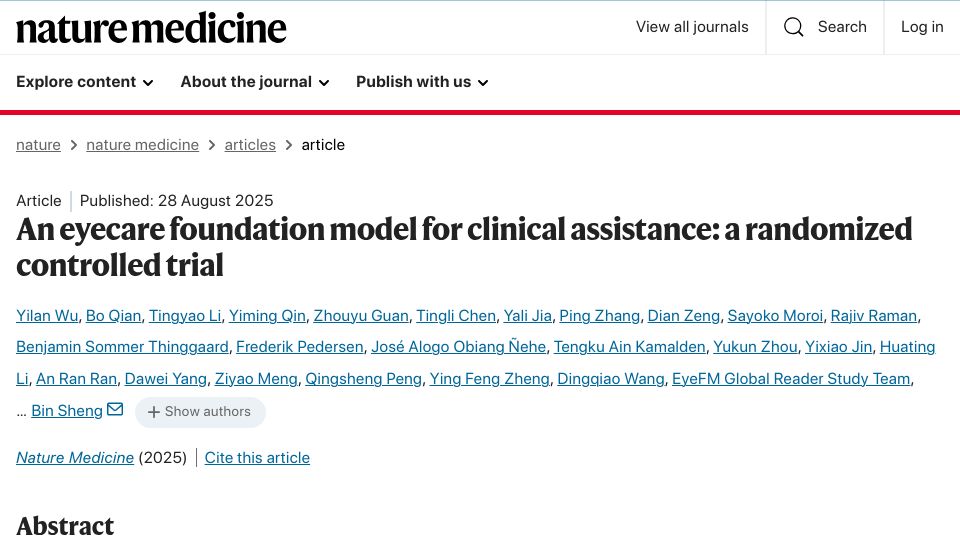 Screenshot of nature.com: An eyecare foundation model for clinical assistance