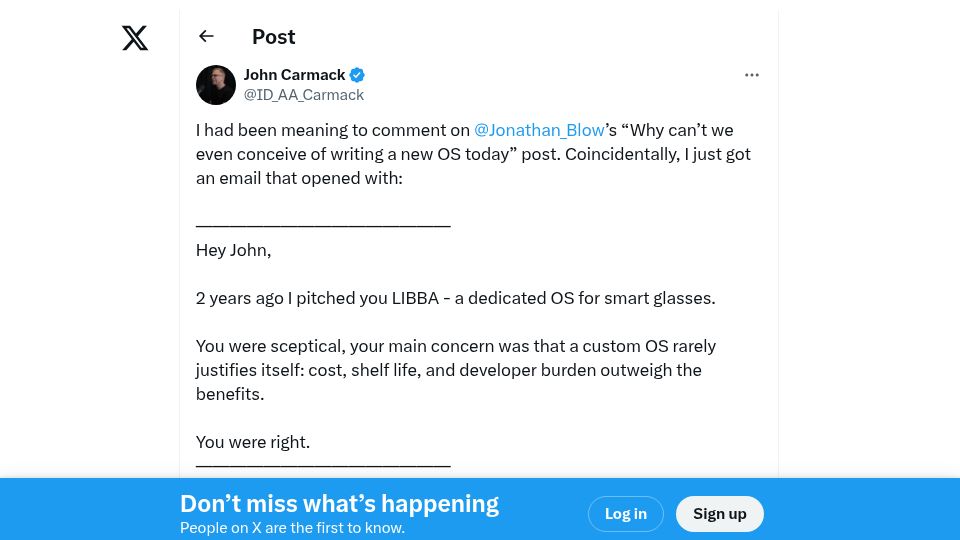 Screenshot of twitter.com: John Carmack's arguments against building a custom XR OS at Meta