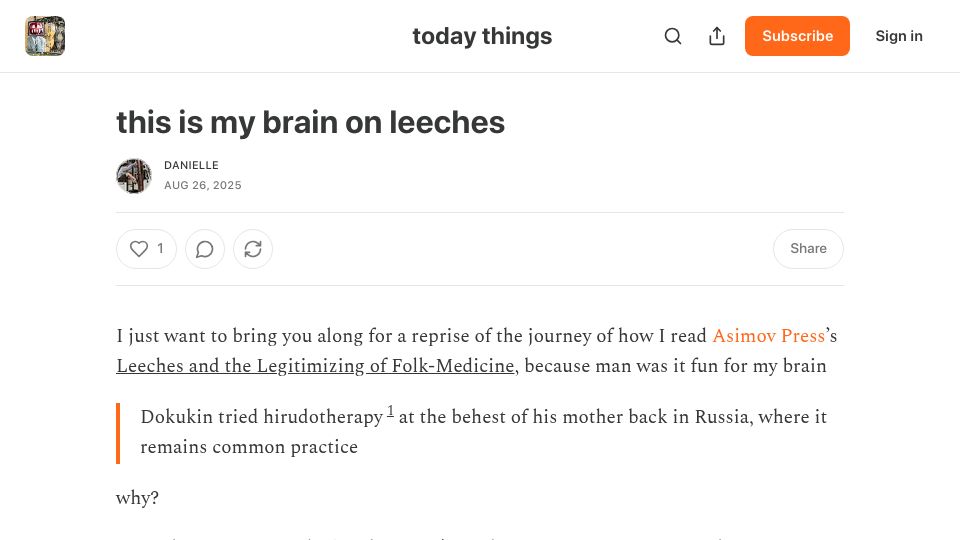 Screenshot of todaythings.substack.com: This is my brain on leeches