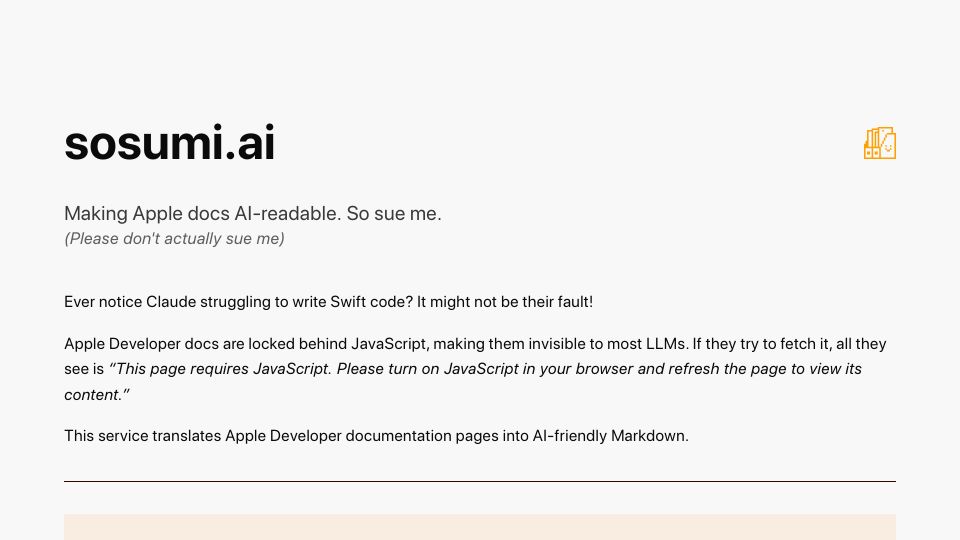 Screenshot of sosumi.ai: Show HN: Sosumi.ai – Convert Apple Developer docs to AI-readable Markdown