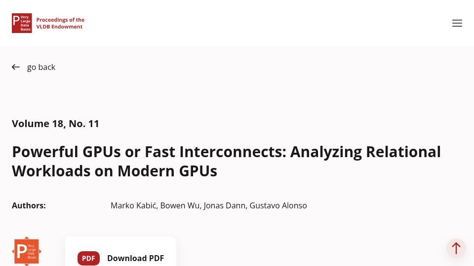 Screenshot of vldb.org: Powerful GPUs or Fast Interconnects: Analyzing Relational Workloads