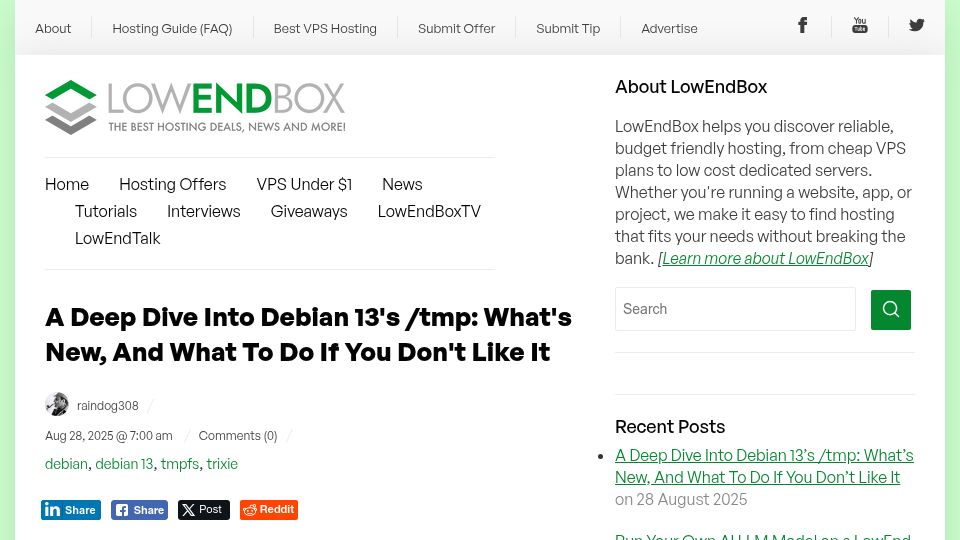 Screenshot of lowendbox.com: A deep dive into Debian 13 /tmp: What's new, and what to do if you don't like it