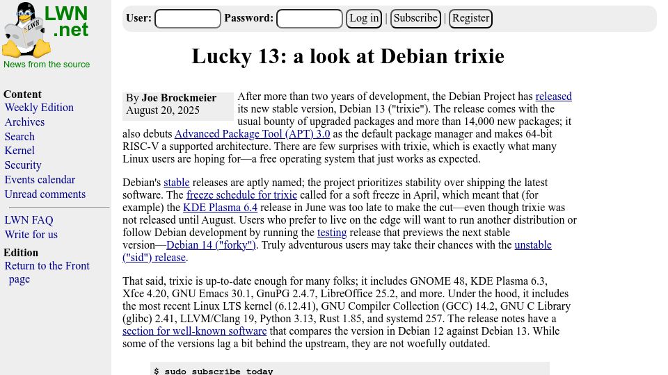 Screenshot of lwn.net: Lucky 13: a look at Debian trixie