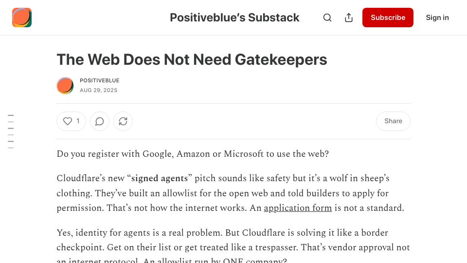 Screenshot of positiveblue.substack.com: The web does not need gatekeepers: Cloudflare’s new “signed agents” pitch