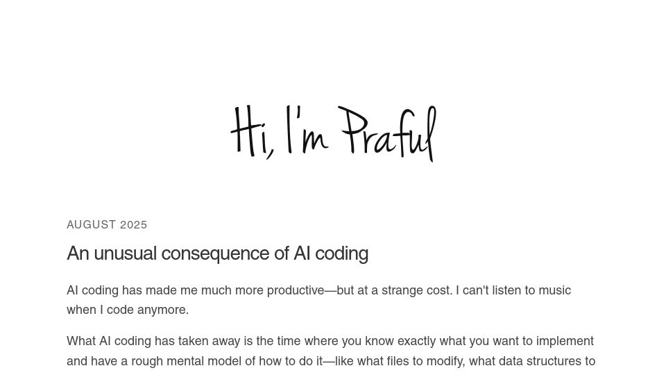 Screenshot of praf.me: AI coding made me faster, but I can't code to music anymore