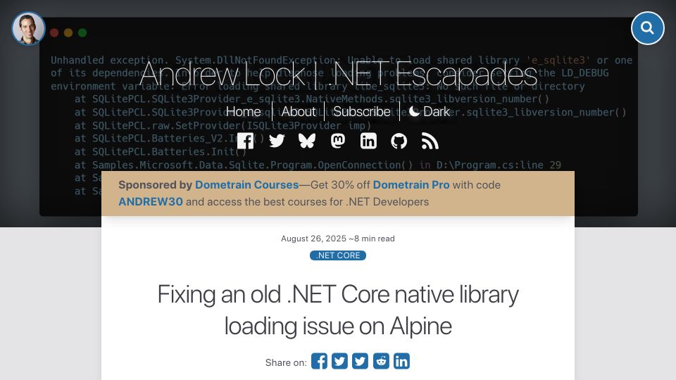 Screenshot of andrewlock.net: Fixing an old .NET Core native library loading issue on Alpine