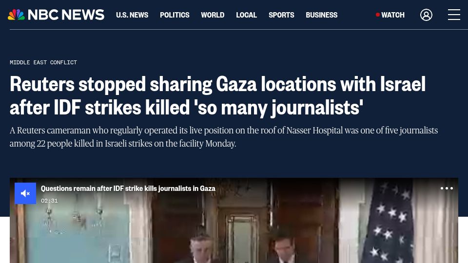 Screenshot of nbcnews.com: Reuters stopped sharing Gaza locations with Israel after IDF strikes