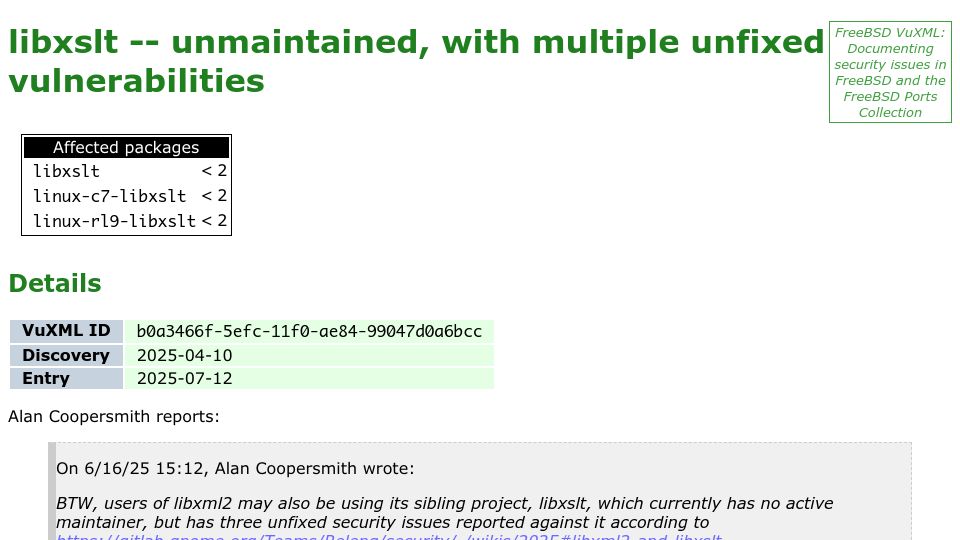 Screenshot of vuxml.freebsd.org: PSA: Libxslt is unmaintained and has 5 unpatched security bugs