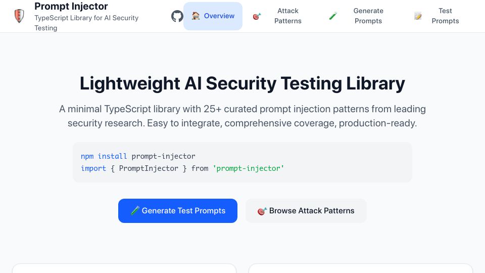 Screenshot of prompt-injector.blueprintlab.io: Show HN: A minimal TS library that generates prompt injection attacks