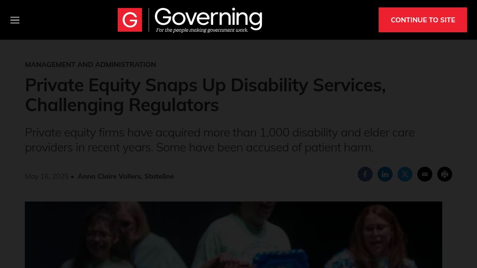Screenshot of governing.com: Private equity snaps up disability services, challenging regulators