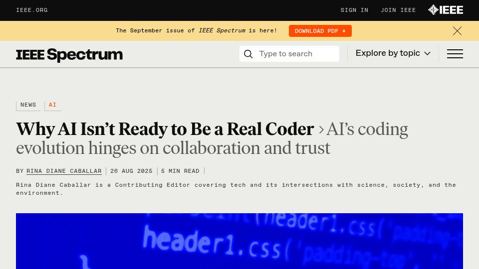 Screenshot of spectrum.ieee.org: AI’s coding evolution hinges on collaboration and trust
