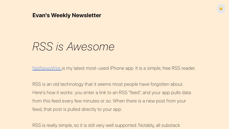 Screenshot of evanverma.com: RSS is awesome