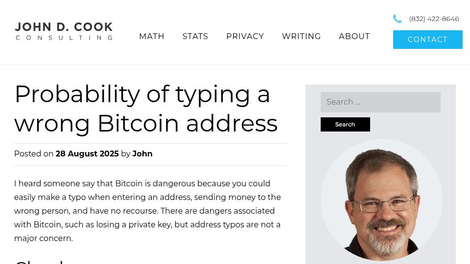Screenshot of johndcook.com: Probability of typing a wrong Bitcoin address
