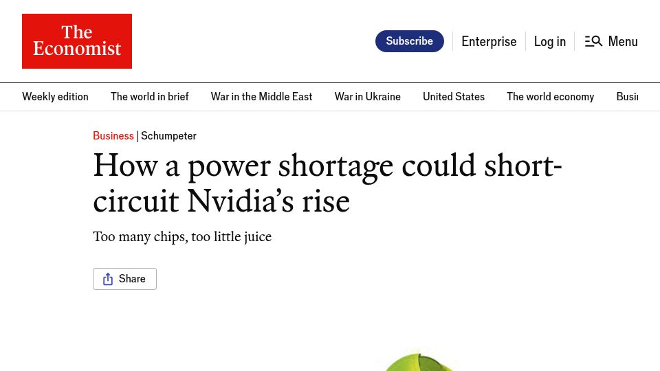 Screenshot of economist.com: A power shortage could short-circuit Nvidia's rise