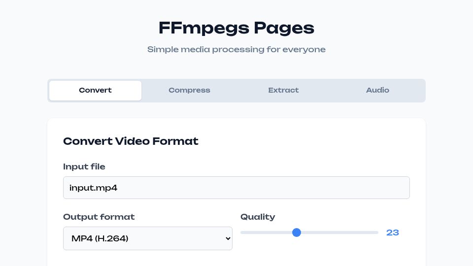 Screenshot of ffmpegs.pages.dev: Show HN: FFmpeg Pages – because I was tired of fighting FFmpeg