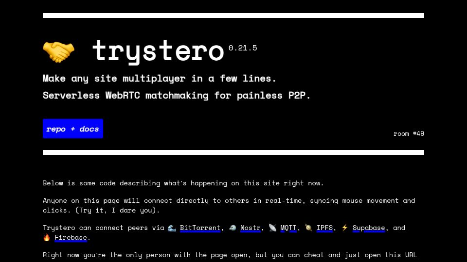 Screenshot of oxism.com: Make any site multiplayer in a few lines. Serverless WebRTC matchmaking