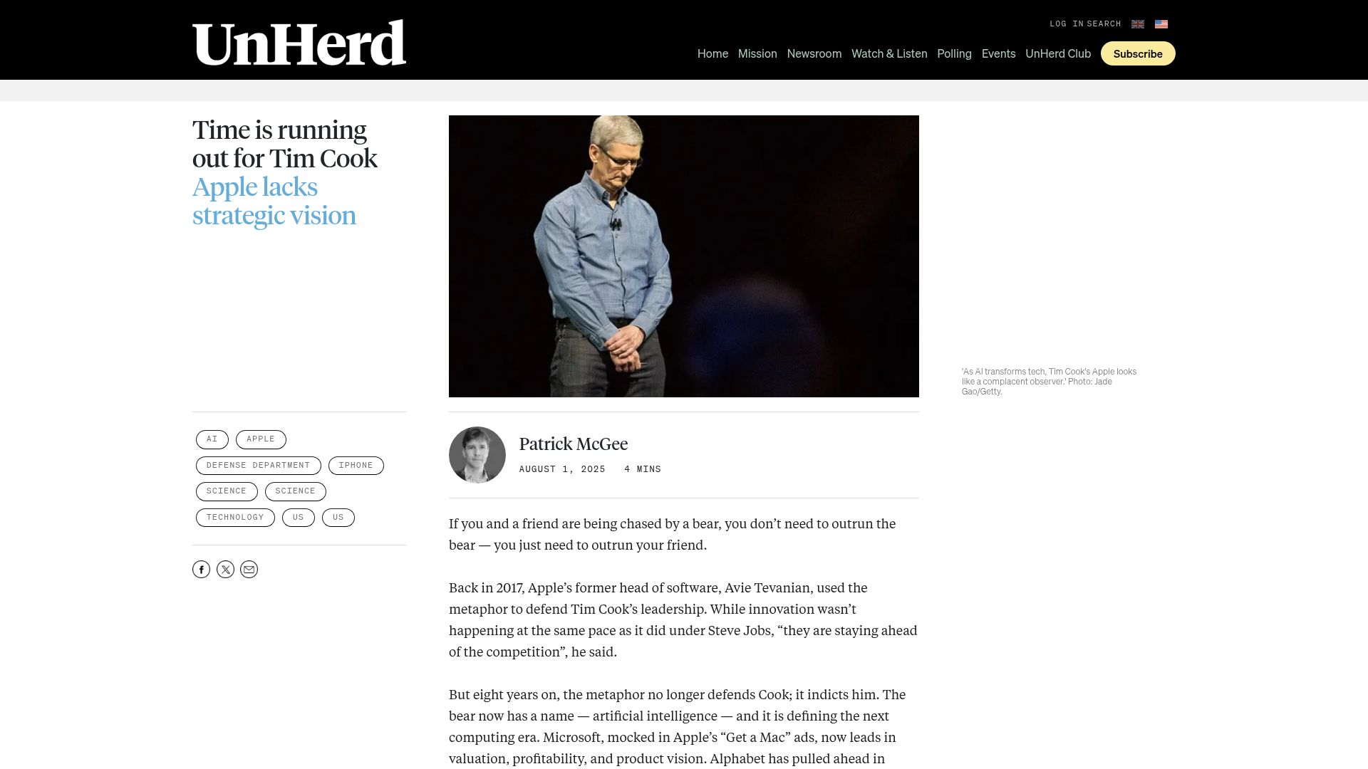 Screenshot of unherd.com: Time is running out for Tim Cook: Apple lacks strategic vision