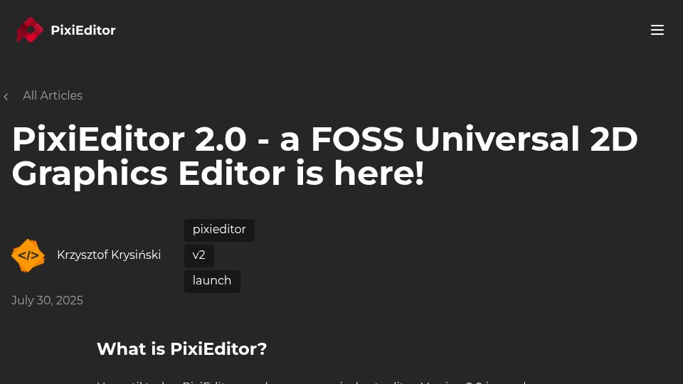 Screenshot of pixieditor.net: PixiEditor 2.0 – A FOSS universal 2D graphics editor