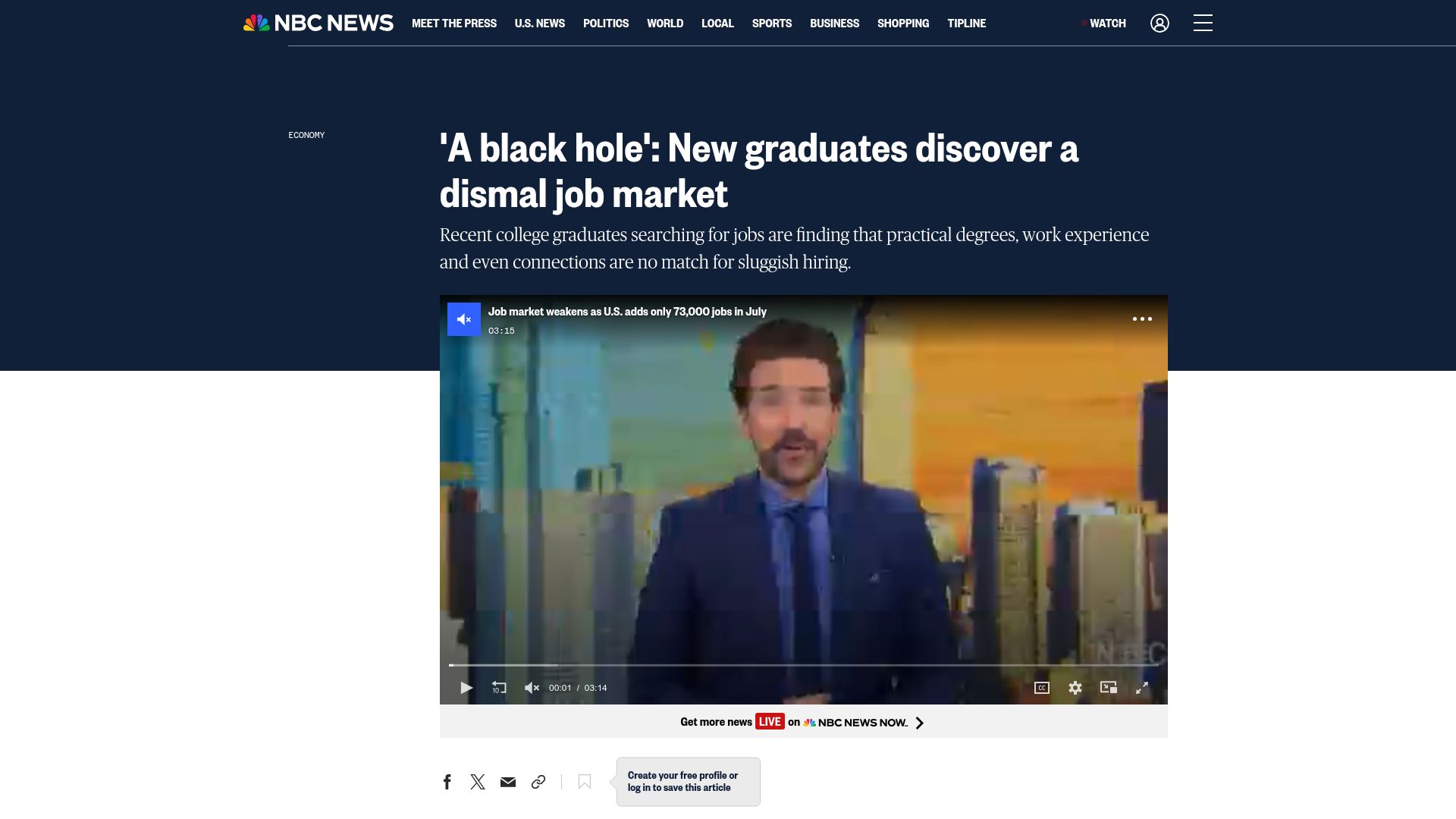 Screenshot of nbcnews.com: 'A black hole': New graduates discover a dismal job market