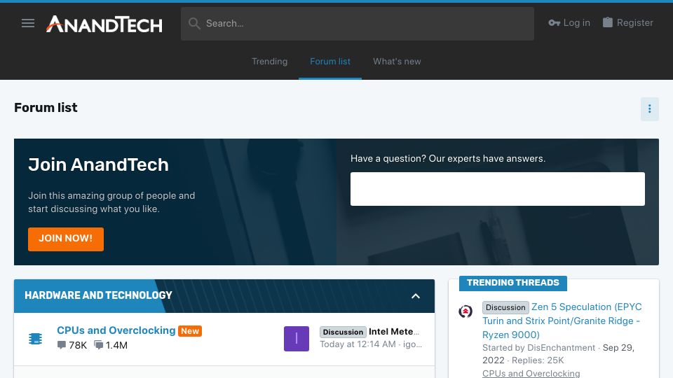 Screenshot of forums.anandtech.com: Anandtech.com now redirects to its forums