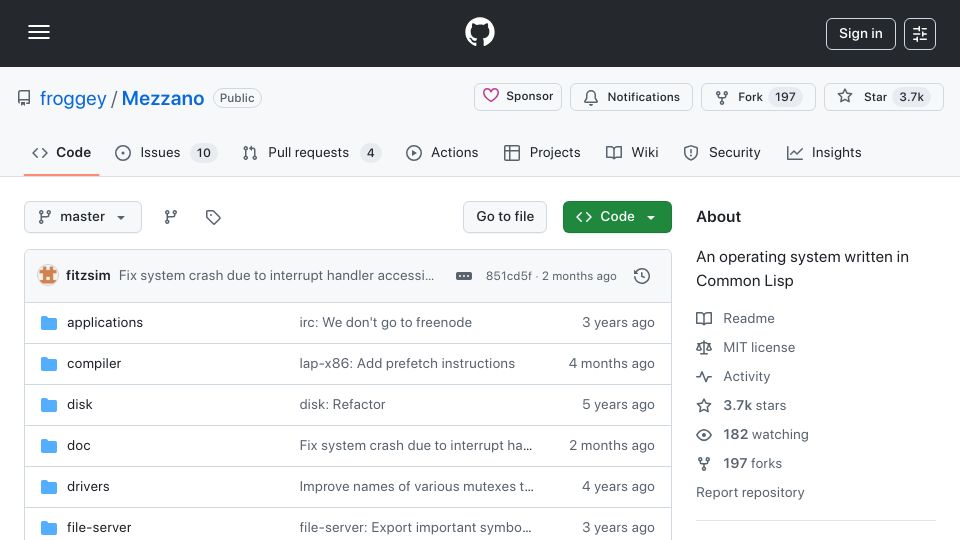Screenshot of github.com: Mezzano, an operating system written in Common Lisp