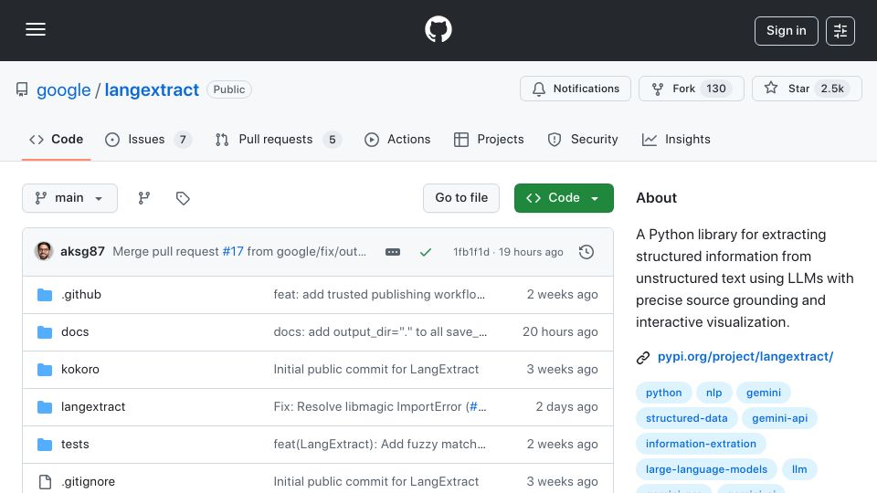 Screenshot of github.com: LangExtract: Python library for extracting structured data from language models