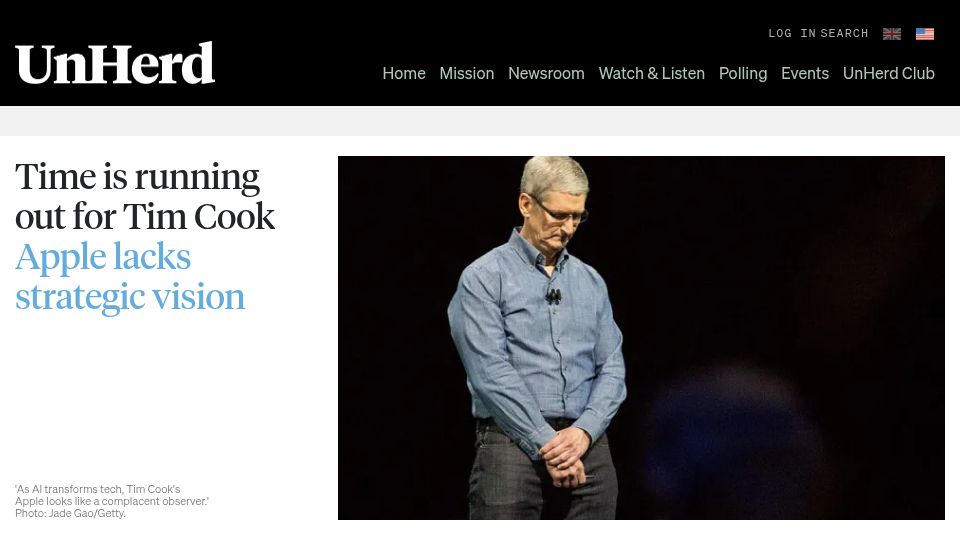 Screenshot of unherd.com: Time is running out for Tim Cook: Apple lacks strategic vision