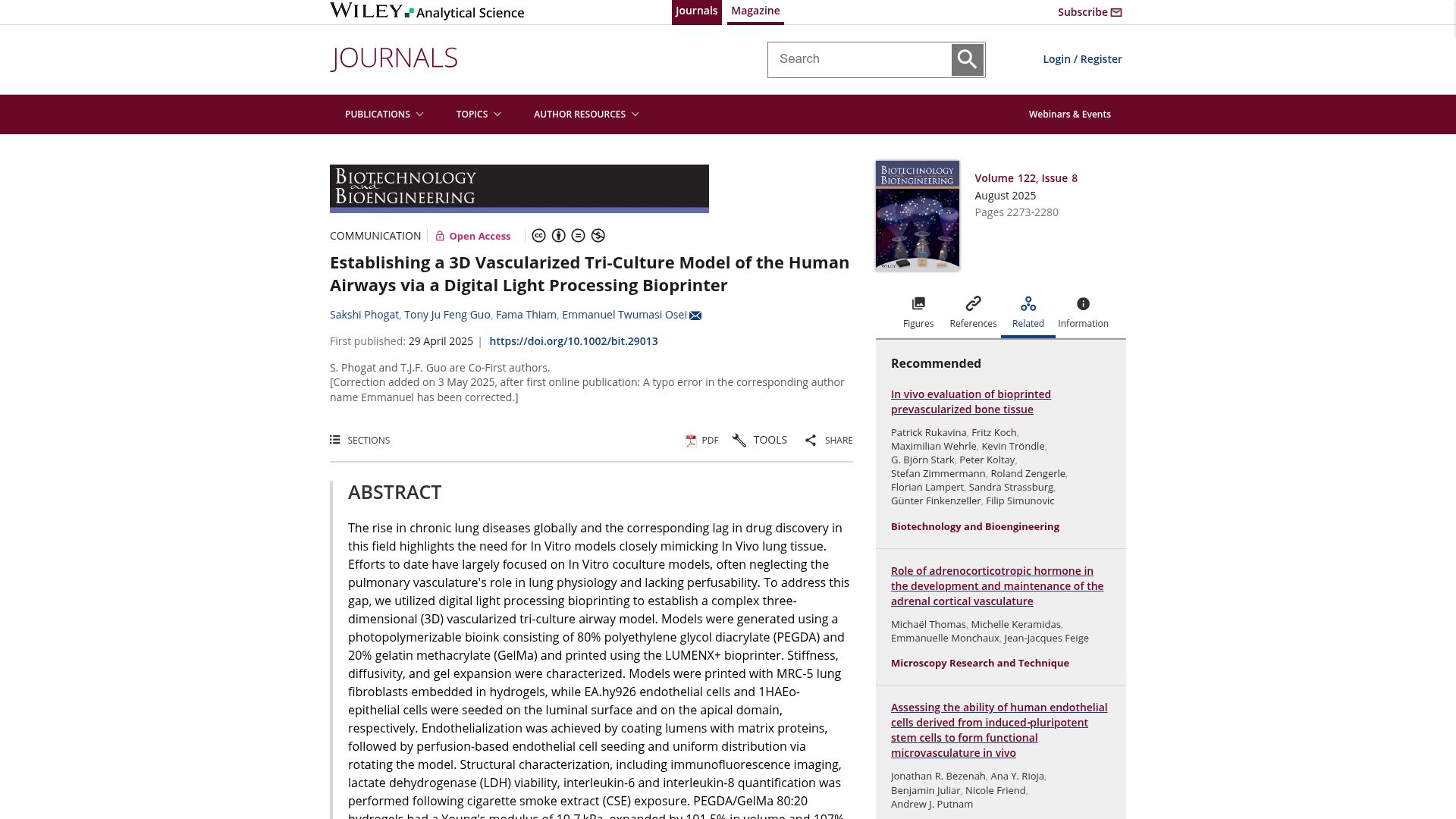 Screenshot of analyticalsciencejournals.onlinelibrary.wiley.com: A 3D model of the human airways via a digital light processing bioprinter