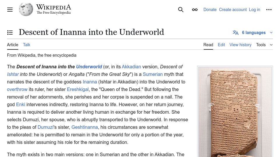 Screenshot of en.wikipedia.org: Descent of Inanna into the Underworld