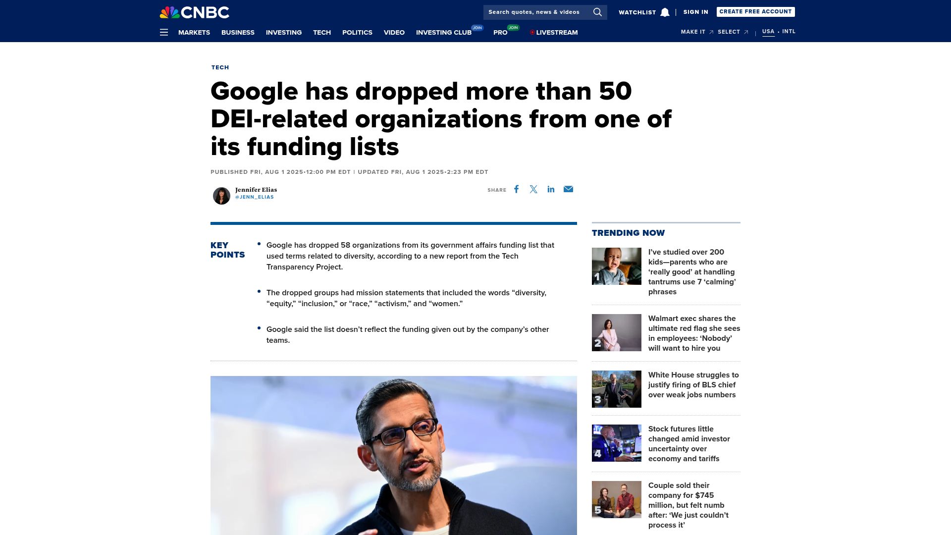 Screenshot of cnbc.com: Google has dropped more than 50 DEI-related orgs from one of its funding lists