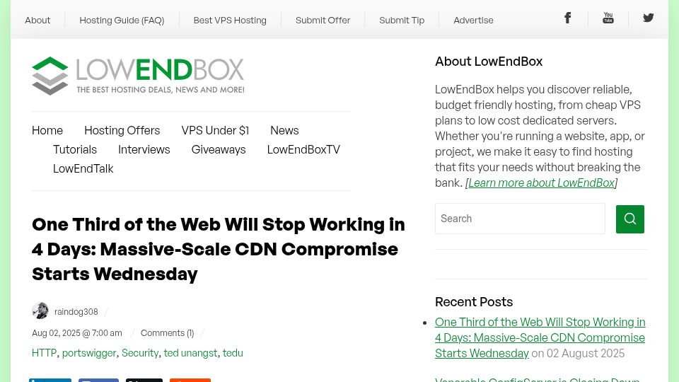 Screenshot of lowendbox.com: One Third of the Web Will Stop Working in 4 Days