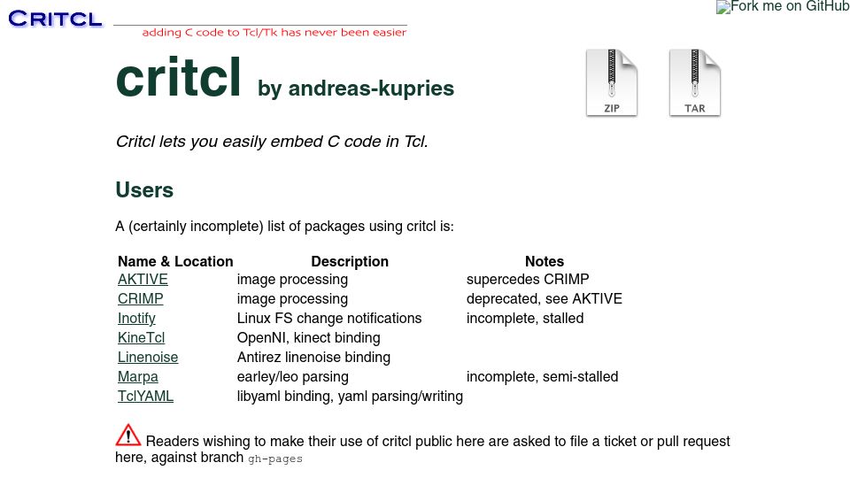 Screenshot of andreas-kupries.github.io: Critcl – C Runtime in Tcl