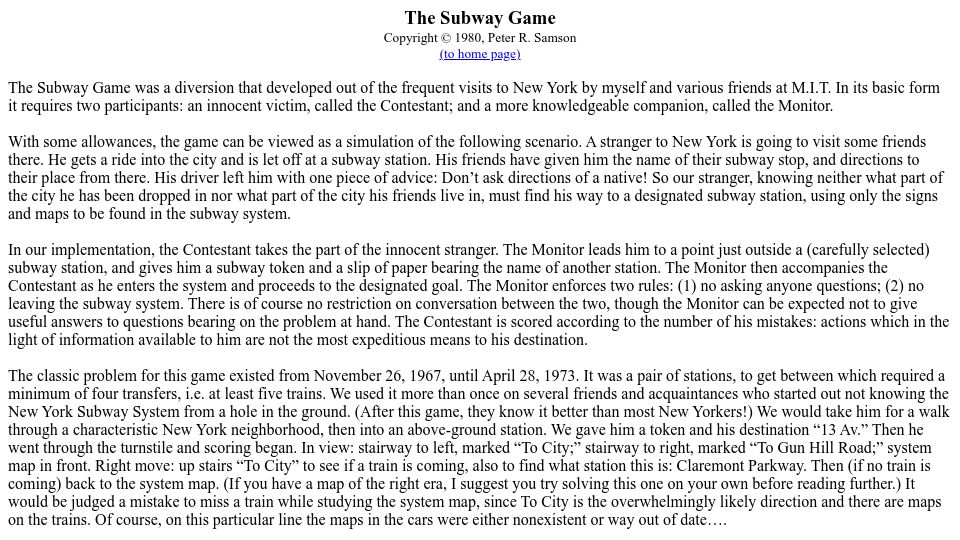 Screenshot of gricer.com: The Subway Game (1980)