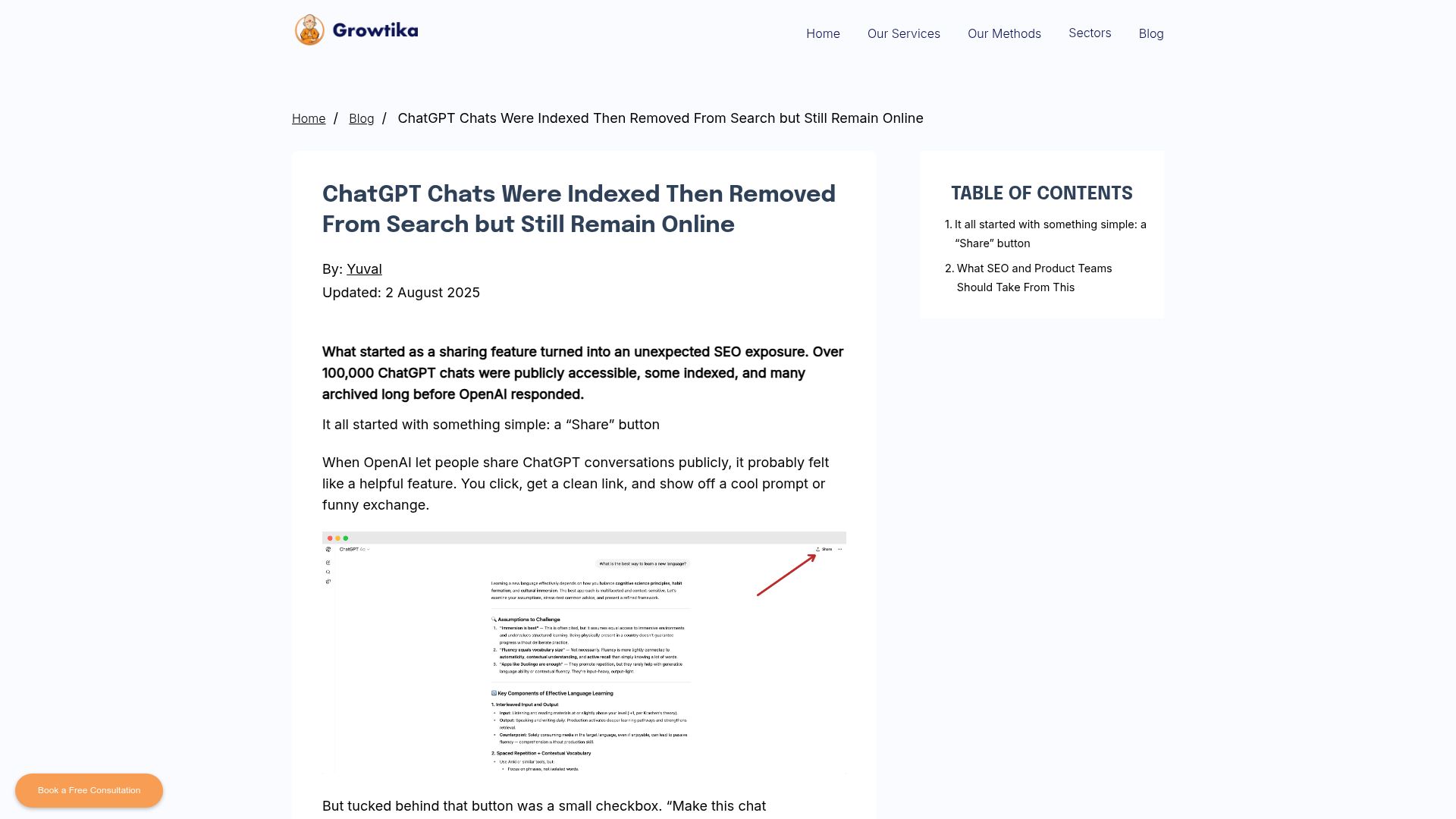Screenshot of growtika.com: ChatGPT chats were indexed then removed from search but still remain online