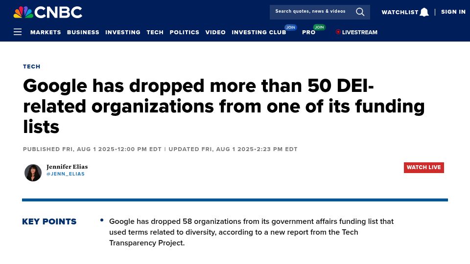 Screenshot of cnbc.com: Google has dropped more than 50 DEI-related orgs from one of its funding lists