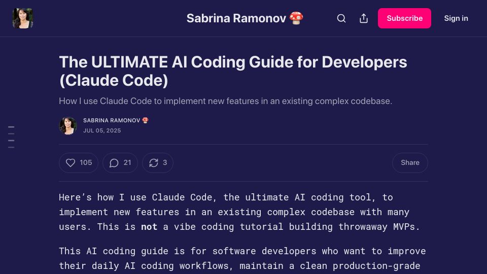 Screenshot of sabrina.dev: How I use Claude Code to implement new features in an existing complex codebase