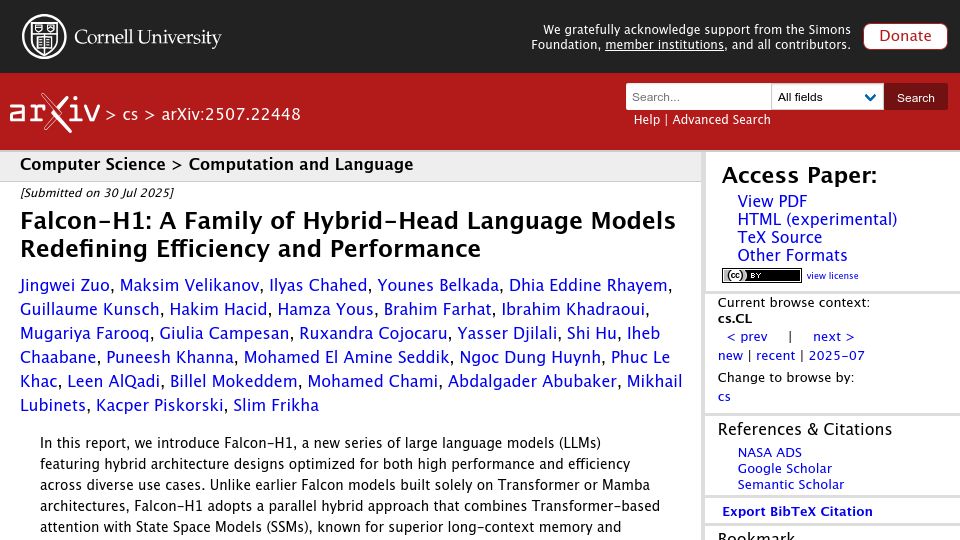 Screenshot of arxiv.org: Falcon-H1: A Family of Hybrid-Head Models Redefining Efficiency and Performance