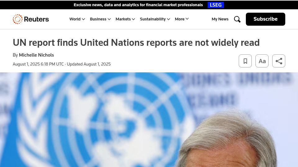 Screenshot of reuters.com: UN report finds UN reports are not widely read