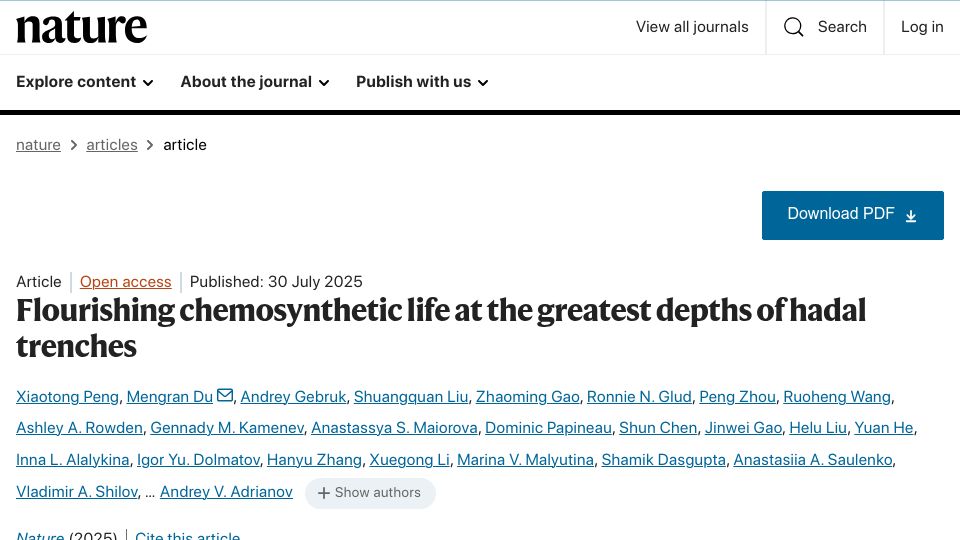 Screenshot of nature.com: Flourishing chemosynthetic life at the greatest depths of hadal trenches