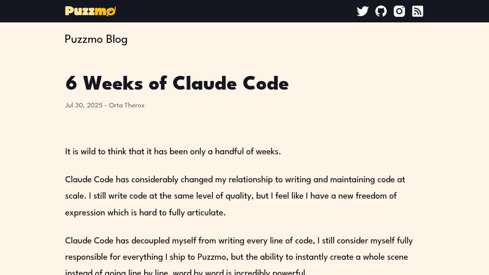 Screenshot of blog.puzzmo.com: 6 weeks of Claude Code