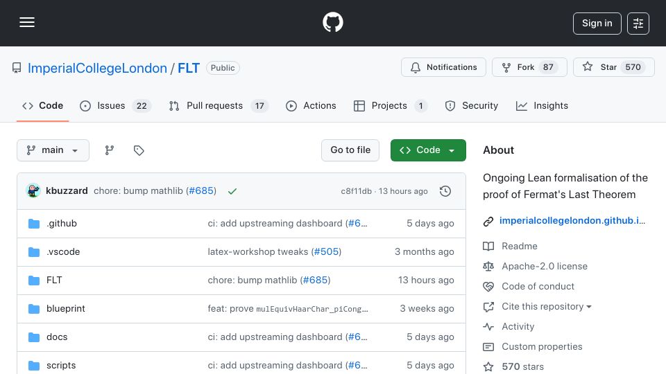 Screenshot of github.com: Ongoing Lean formalisation of the proof of Fermat's Last Theorem
