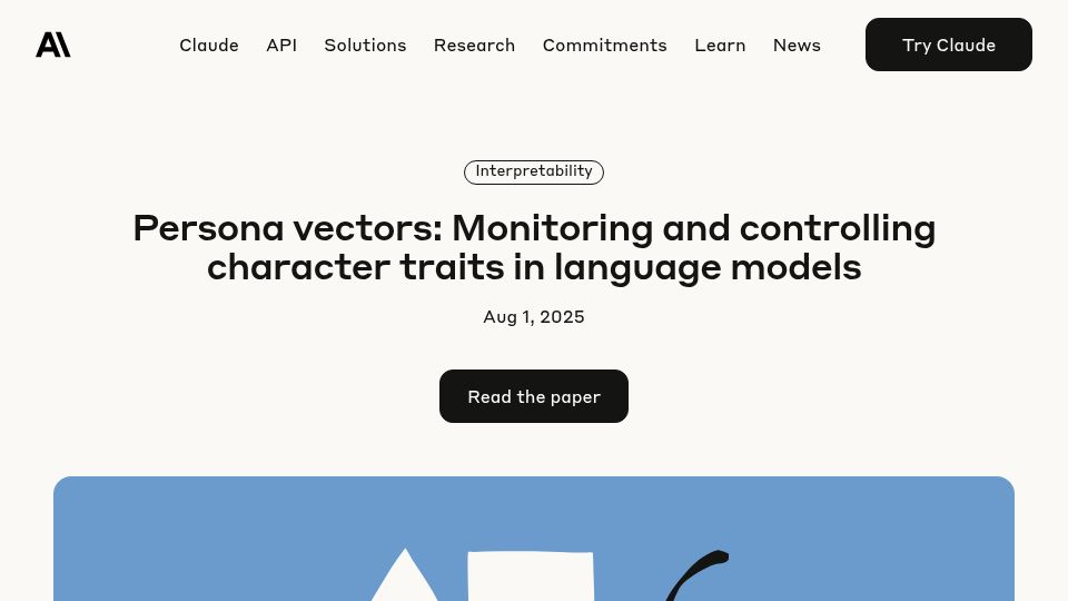 Screenshot of anthropic.com: Persona vectors: Monitoring and controlling character traits in language models