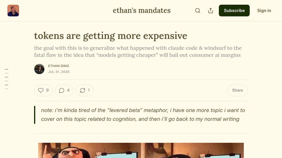 Screenshot of ethanding.substack.com: Tokens are getting more expensive