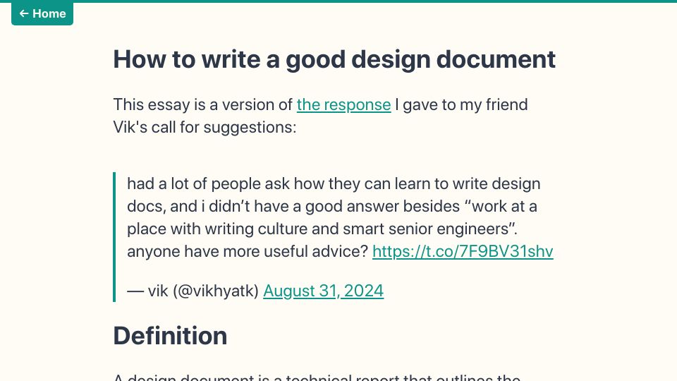 Screenshot of grantslatton.com: Writing a good design document