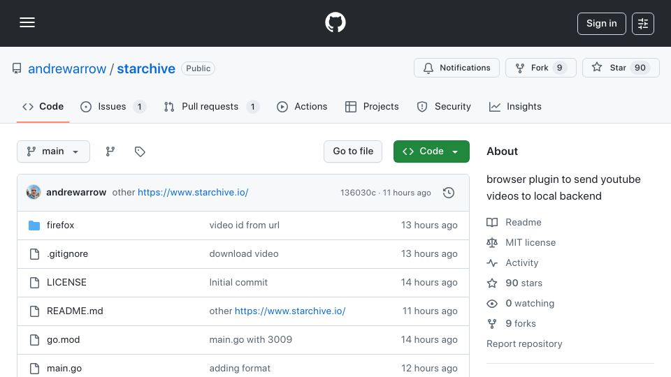 Screenshot of github.com: Browser extension and local backend that automatically archives YouTube videos