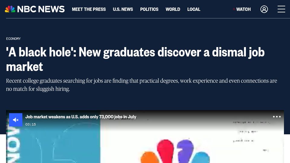 Screenshot of nbcnews.com: 'A black hole': New graduates discover a dismal job market