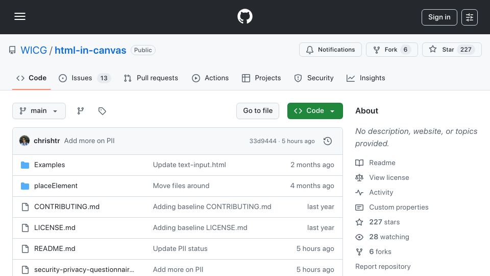 Screenshot of github.com: HTML-in-Canvas